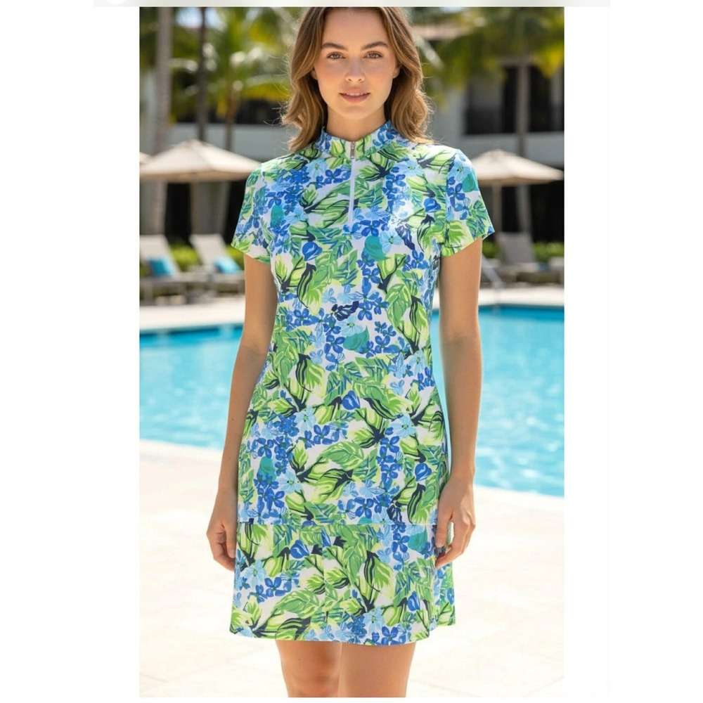 TAIL Brand Golf Dress Stretch Short Sleeve Blue Green Floral Activewear Small